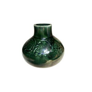 Vintage Green Glazed Pottery Vase with Embossed Leaf and Berry Design